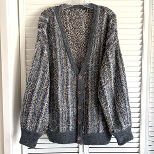 Vintage 80’s Men’s L- XL Nubby Boucle Knit Striped Grandpa Cardigan Sweater